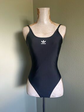 adidas Black Slim-Strap Trefoil One-Piece Swimsuit